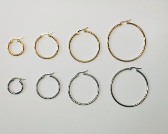 1 pair of round hoop earrings stainless steel women made of stainless steel 304L surgical steel diameter 20 mm 30 mm 40 mm 50 mm silver gold small large