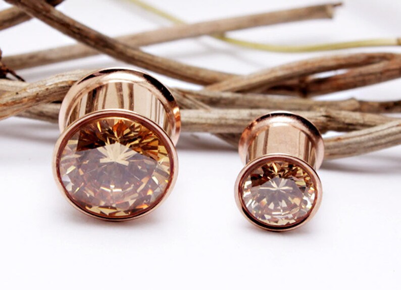 1 pair of Flesh Tunnel Zirkonia Stone Ear Plug Piercing Double Flared stainless steel tube men jewerly women/'s ear piercing gold rose color 6-16 mm