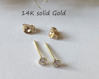 1 pair of 14k solid 585 gold stud earrings CZ zirconia Crystal 14K real gold earrings solid solid 3 mm real gold jewelry
