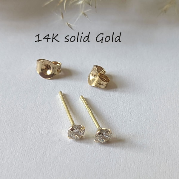 1 Paar 14k solid 585er Gold Ohrstecker CZ Zirkonia Crystal  14K Echtgold Ohrringe solid massiv 3 mm echtgoldschmuck