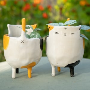 Handmade Calico Cat Planter Ceramic