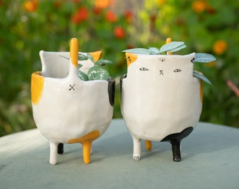May include: Two ceramic cat planter pots with black and yellow accents. The pots have small legs and are filled with green plants.