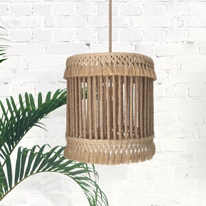 Boho Rustic Rope Pendant Light Cage Modern Chandelier Industrial Lighting Linen Fixture Fabric Lampshade Cottage