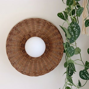 Minimal Globe Rattan Sconce Mid Century Glass Ceiling Light Woven Wall Lamp [Aria]