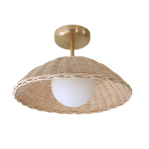 Rattan Ceiling Light Woven Pendant Lamp Flush Mount Lighting Minimal Globe Chandelier GOLD-NATURAL RATTAN