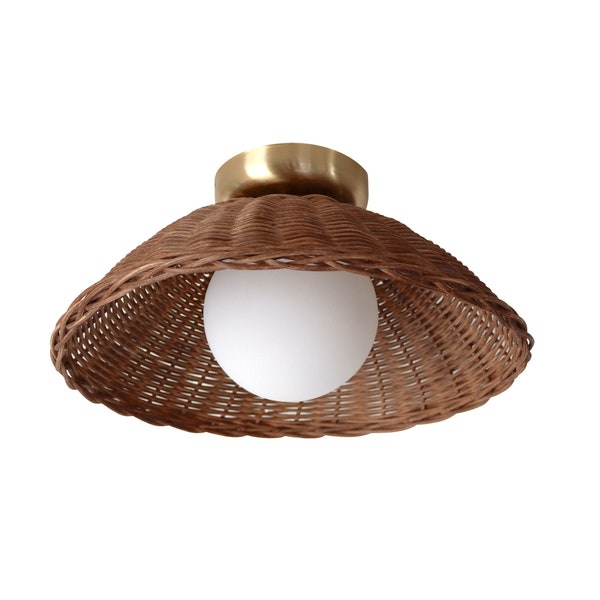 Rattan Flush Mount Ceiling Light Bamboo Sconce Glass Globe Woven Rustic Lighting