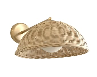 Minimal Rattan Wall Sconce Brass Glass Globe Light Bamboo Lamp Modern Rustic Home Decor