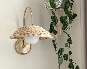 Rattan Globe Sconce Light Minimal Wall Lamp Bamboo Basket Boho Lighting Modern Rustic Home Decor