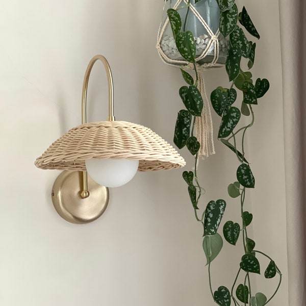 Rattan Globe Sconce Light Minimal Wall Lamp Bamboo Basket Boho Lighting Modern Rustic Home Decor