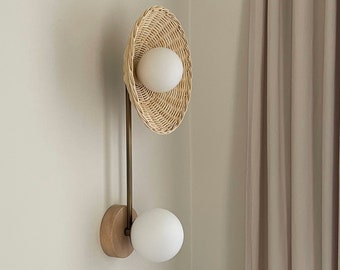 Minimal Rattan Sconce Wall Plate Lamp Double Opal Glass Globe Light Wooden Modern Rustic Lighting [IRIS]