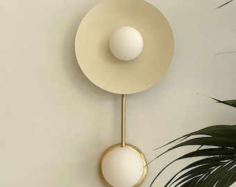 Minimal Brass Globe Sconce Wall Plate Lamp with Opal Glass Mid Century Double Light [IRIDA]