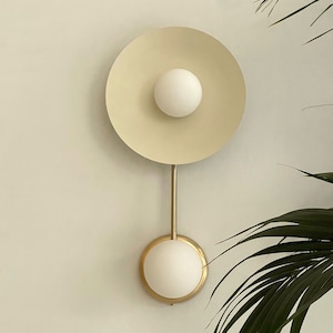 Minimal Brass Globe Sconce Wall Plate Lamp with Opal Glass Mid Century Double Light [IRIDA]