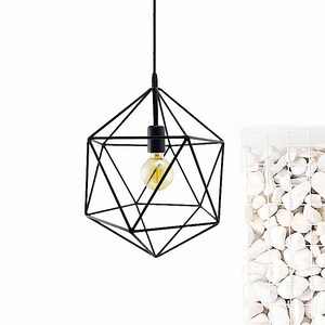 Minimal Modern Chandelier Geometric Light Cage Pendant Lighting Globe Ceiling Lamp Black Metal Polyhedron Black Matte