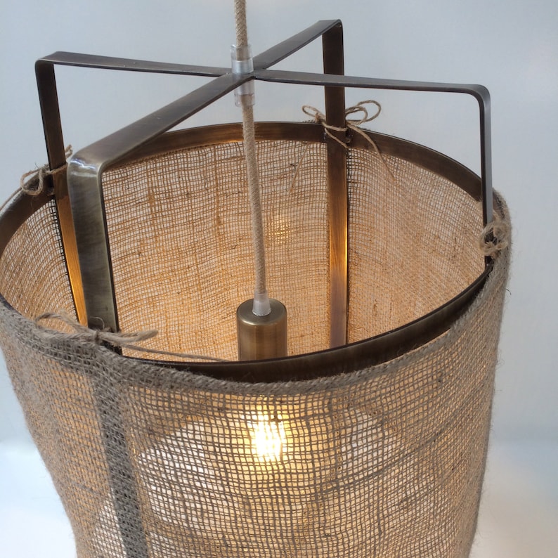 Boho Rustic Rope Pendant Light Cage Modern Chandelier Industrial Lighting Linen Fixture Fabric Lampshade Cottage
