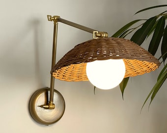 Adjustable Rattan Globe Sconce Brass Minimalist Light Modern Rustic Lighting