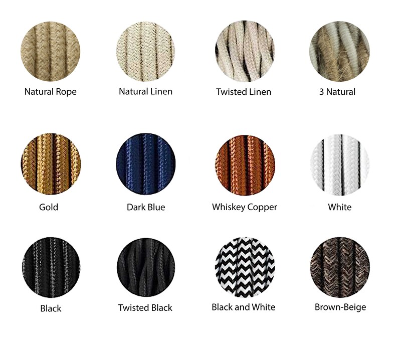 K&ouml;nnte beinhalten: Eine Auswahl von 12 verschiedenen Kabel Farben f&uuml;r die elektrische Verkabelung. Die Farben umfassen Naturseil, Naturleinen, gedrehtes Leinen, 3 Natur, Gold, Dunkelblau, Whisky Kupfer, Wei&szlig;, Schwarz, gedrehtes Schwarz, Schwarz und Wei&szlig; und Braun-Beige.