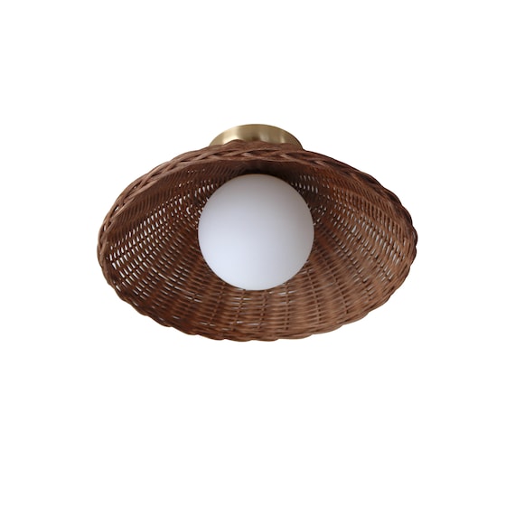 Rattan Flush Mount Ceiling Light Bamboo Sconce Glass Globe Woven  