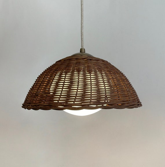 Handmade Rattan Pendant Light, Opal Glass Globe, Japandi Lighting