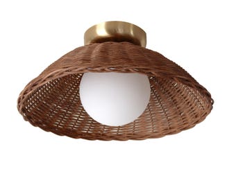 Rattan Flush Mount Ceiling Light Bamboo Sconce Glass Globe Woven Rustic Lighting