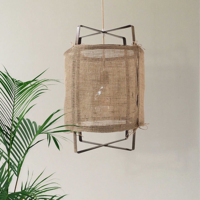 Boho Rustic Rope Pendant Light Cage Modern Chandelier Industrial Lighting Linen Fixture Fabric Lampshade Cottage