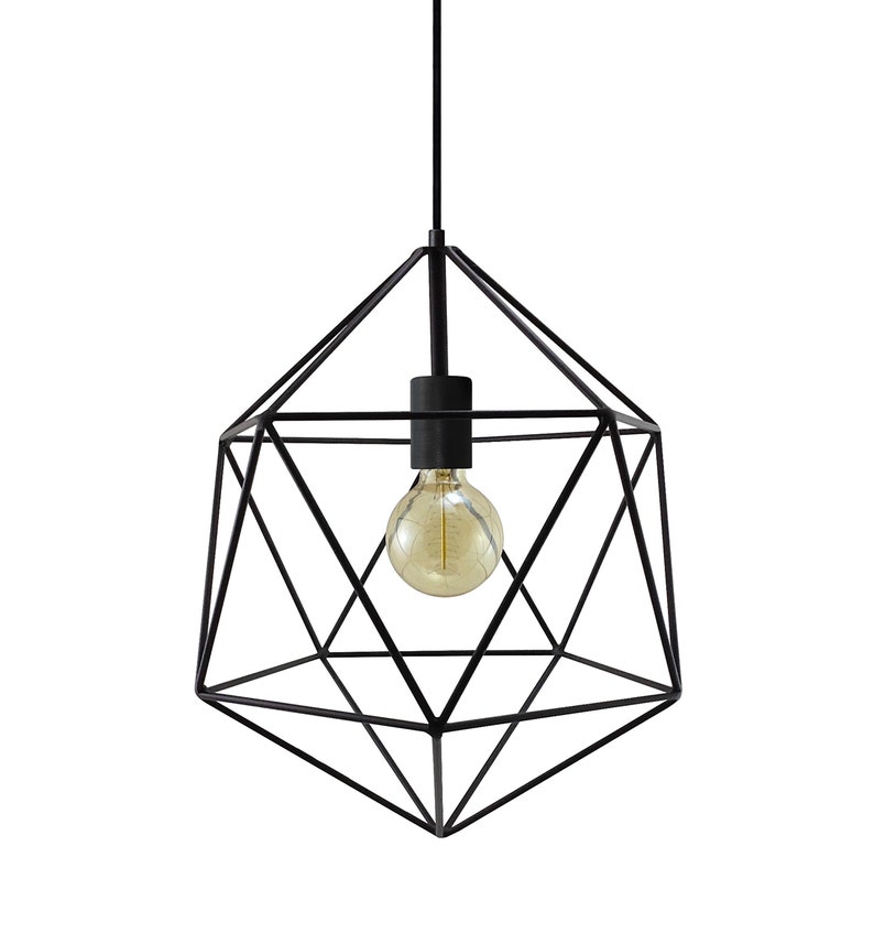 Minimal Modern Chandelier Geometric Light Cage Pendant Lighting Globe Ceiling Lamp Black Metal Polyhedron image 1