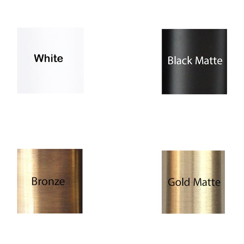 May include: Four color swatches showing different finishes for a product. The swatches are labeled "White", "Black Matte", "Bronze", and "Gold Matte".