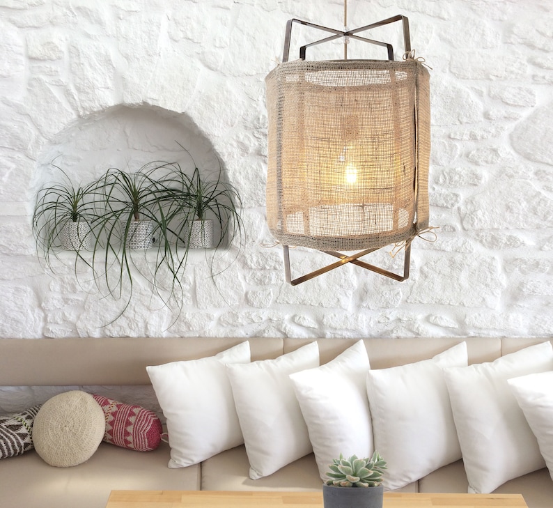 Boho Rustic Rope Pendant Light Cage Modern Chandelier Industrial Lighting Linen Fixture Fabric Lampshade Cottage