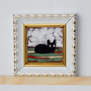 Gato preto em um tapete verde Óleo miniatura / Pintado à mão 2x2 polegadas mini pintura / Moldura dourada