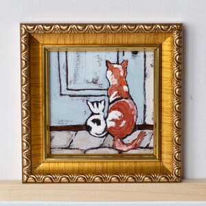 Mini tableau famille de chats par Blue Door / Chat et chaton roux / Miniature famille de chats peinte à la main 7 x 7 cm