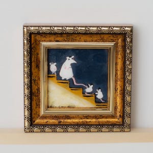 Família de ratos brancos na escada em miniatura / pintado à mão 2x2 polegadas Mini pintura a óleo