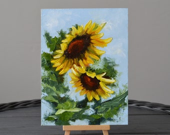 Sunflower Abstract oil painting, Still Life small oil painting, Ukrainian Landscape miniature on gessobord panel 5.9"x7,87" ( 15cm x 20cm)