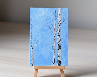 Birch Tree Oil Painting / Blue Sky / Minimalist Art / Pasty Painting / Small gessobord panel 4" x 6" ( 10cm x 15cm)
