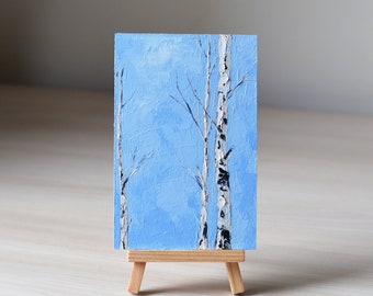 Birken Baum Ölgemälde / Blauer Himmel / Minimalistische Kunst / Pastose Malerei / Kleines Gessobord 10cm x 15cm