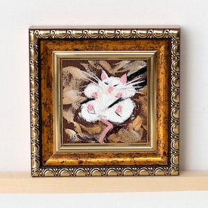 Rato branco gordinho em pauzinhos miniatura / pintado à mão 2x2 polegadas mini pintura a óleo