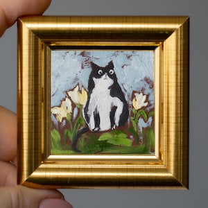Gato y flores en miniatura (estado de ánimo actual) / Gato blanco y negro en miniatura (pintura al óleo) / Pintado a mano (2 x 2 pulgadas)