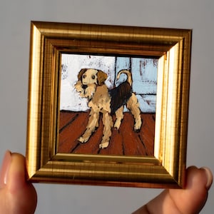 Pintura al óleo en miniatura de terrier / Airedale / Welsh Terrier / Miniatura pintada a mano Atr 2x2 pulgadas