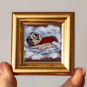 Lindo perro superhéroe miniatura / Pintura al óleo mini Pug pintada a mano de 2 x 2 pulgadas