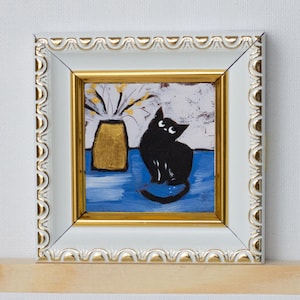 Miniature Le plus beau chat du monde / Mini peinture chat noir sur fond bleu et or / Peint à la main / Carré 5 x 5 cm