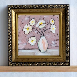 Flores em um vaso em miniatura / Mini pintura a óleo rosa vintage / Pintado à mão 3x3 polegadas