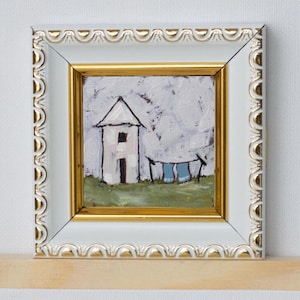 Cabaña blanca y tendedero en miniatura / Cabaña con paisaje irlandés en miniatura, pintura al óleo, 2 x 2 pulgadas