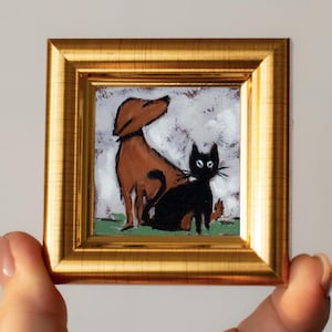 Miniatura de perro y gato, pintura al óleo, pintada a mano, 2 x 2 pulgadas