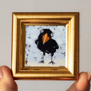 Cuervo en miniatura / Divertida pintura al óleo en miniatura pintada a mano de 2 x 2 pulgadas