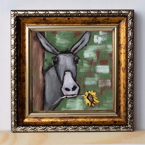 Te extraño / Lindo burro con un girasol mini pintura al óleo / Verde vintage / Pintado a mano 2 7/8'' x 2 7/8'' / 7 x 7 cm Pintura al óleo en miniatura