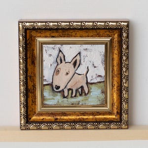 Cachorro Bull Terrier en miniatura / Pintura al óleo en miniatura pintada a mano de 2 x 2 pulgadas