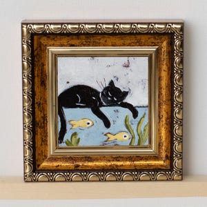 Gato negro durmiendo en miniatura / Gato pescador / Acuario de peces / Pintura al óleo en miniatura pintada a mano de 2 x 2 pulgadas