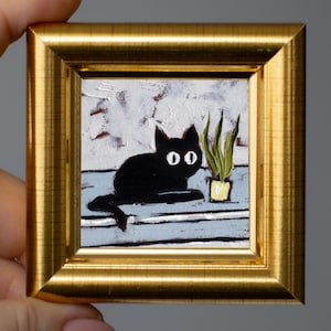 Gato preto e uma planta Mini pintura a óleo / Quadrado Miniatura pintada à mão / 2x2 polegadas