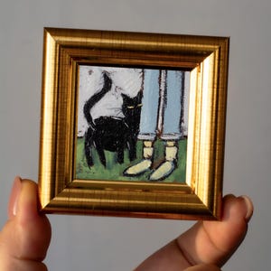 Gato preto e menina mini pintura a óleo / pintado à mão 2x2 polegadas miniatura