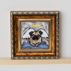 Lindo anjo pug com asas em miniatura / pintado à mão 2x2 polegadas mini pintura a óleo