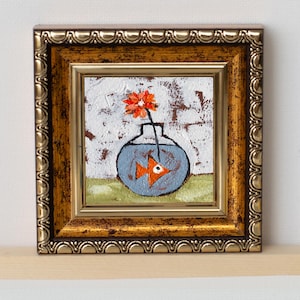 Vaso com Peixe e Flor Miniatura / Peixe em Aquário / Flor de Laranjeira / Pintado à mão 2x2 polegadas Mini Pintura a Óleo