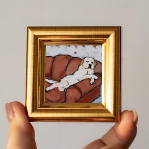 Labrador op een bank miniatuur olieverfschilderij / Handgeschilderd Mini Atr / 2 x 2 inch